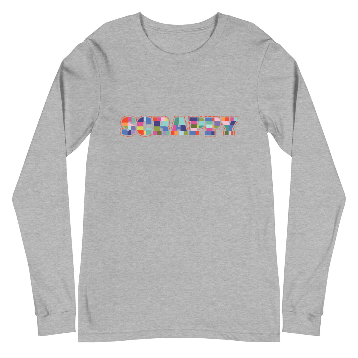 SCRAPPY in multicolor patchwork-square letters on a unisex long-sleeve tee in athletic heather grey, front view – Kate Spain design