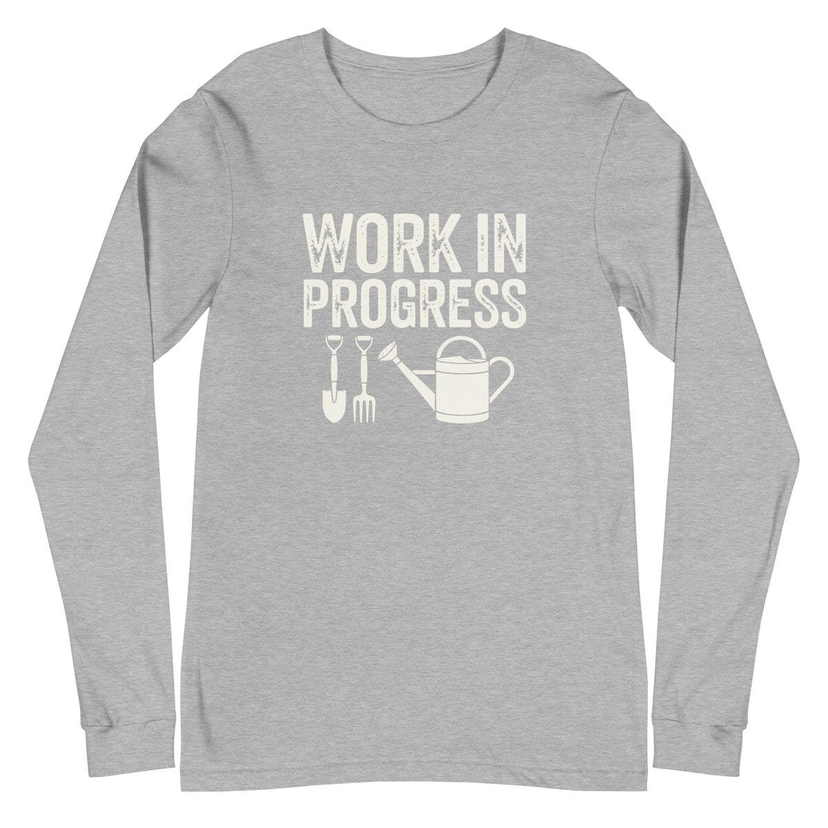 Garden Work in Progress distressed lettering with a shovel, pitchfork and watering can on a long sleeve t-shirt in athletic heather grey, front view – Kate Spain design