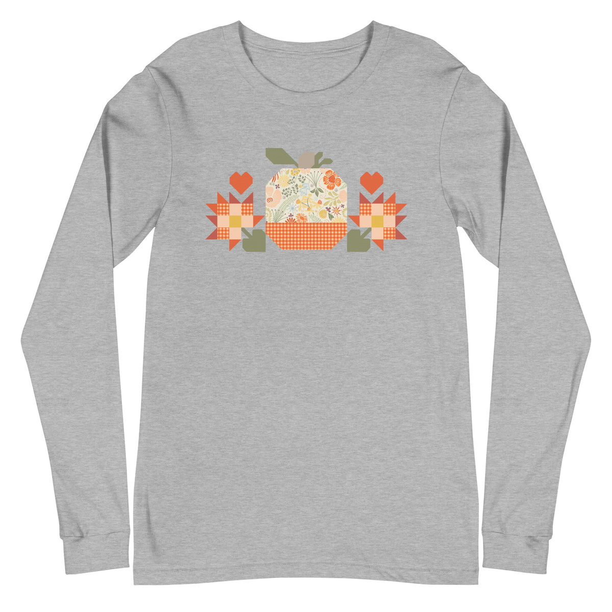 Falling for Fall patchwork pumpkin with quilt-block stars and hearts on a long sleeve t-shirt in athletic heather grey, front view – Kate Spain design for Pat Sloan