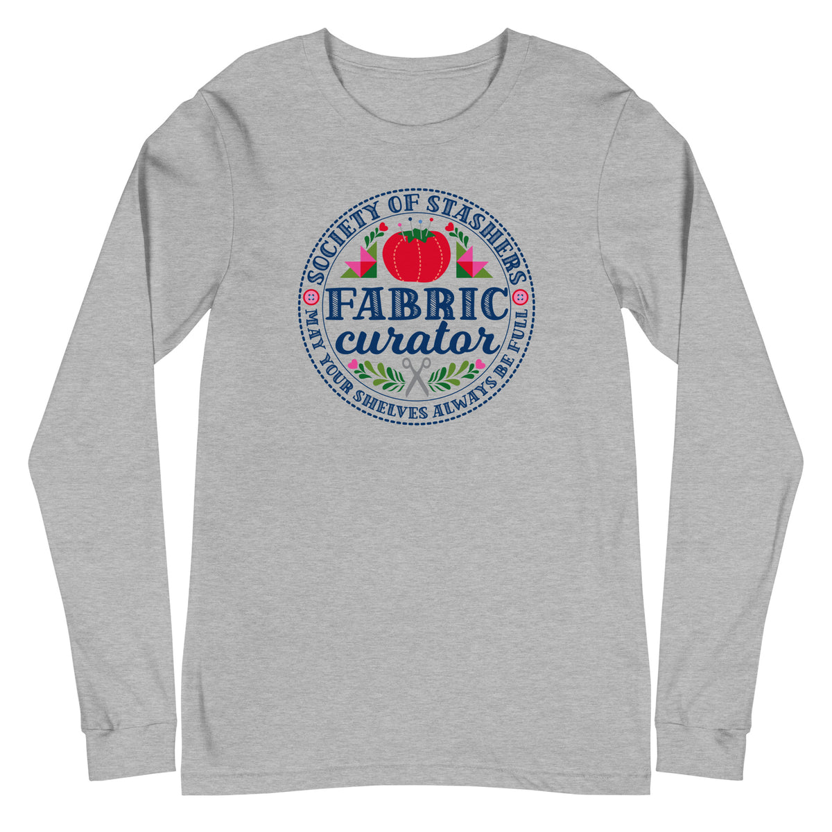 Fabric Curator Society of Stashers badge with a tomato pincushion on a long sleeve t-shirt in athletic heather grey, front view – Kate Spain design for Pat Sloan