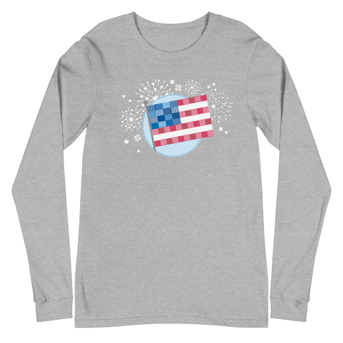 patchwork American flag in quilt fabrics on a long sleeve t-shirt in athletic heather grey, front view – Kate Spain design for Pat Sloan