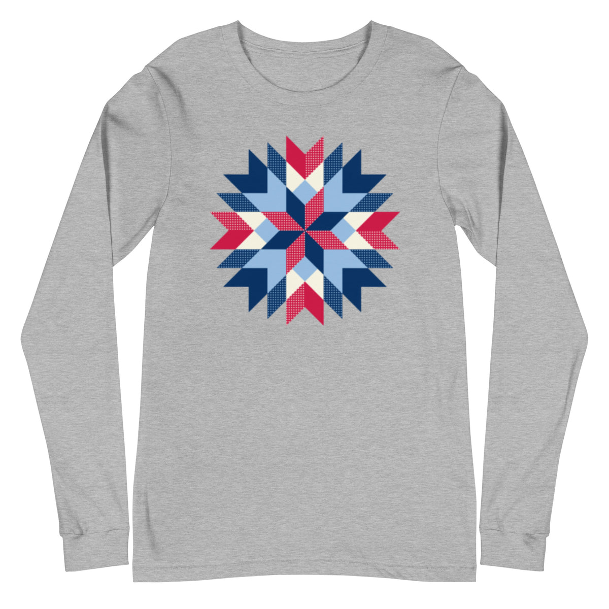 Barn Star quilt block in red, white and blue on a long sleeve t-shirt in athletic heather grey, front view – Kate Spain design for Pat Sloan