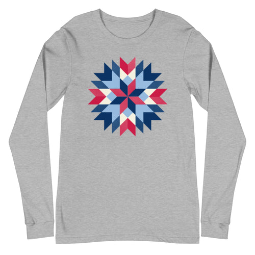 Barn Star quilt block in red, white and blue on a long sleeve t-shirt in athletic heather grey, front view – Kate Spain design for Pat Sloan