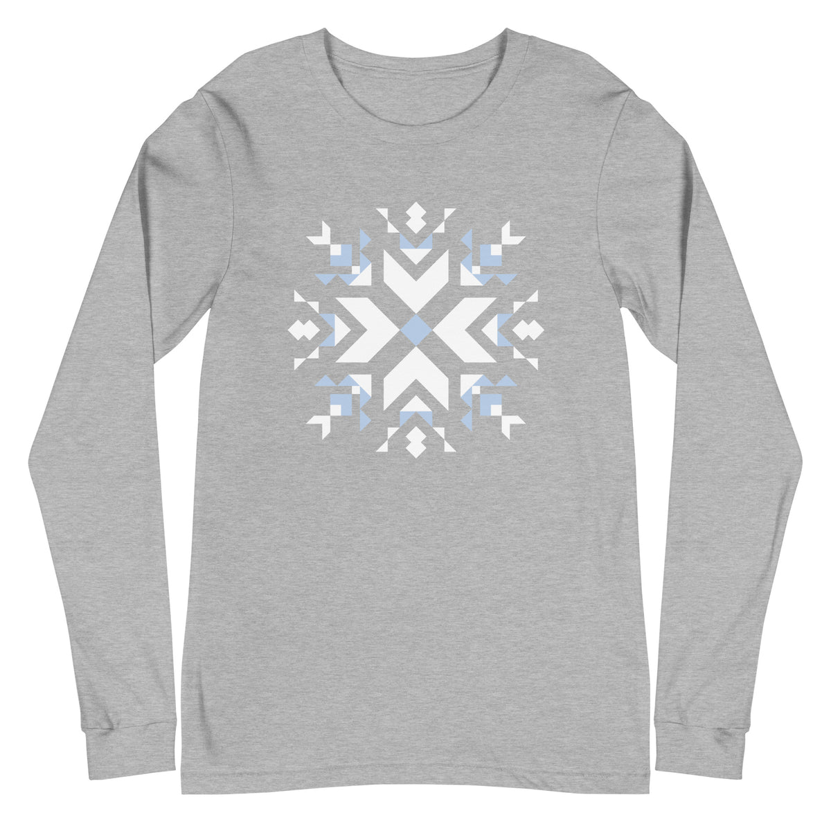 Let It Snow snowflake quilt block on a long sleeve t-shirt in athletic heather grey, front view – Kate Spain design for Pat Sloan