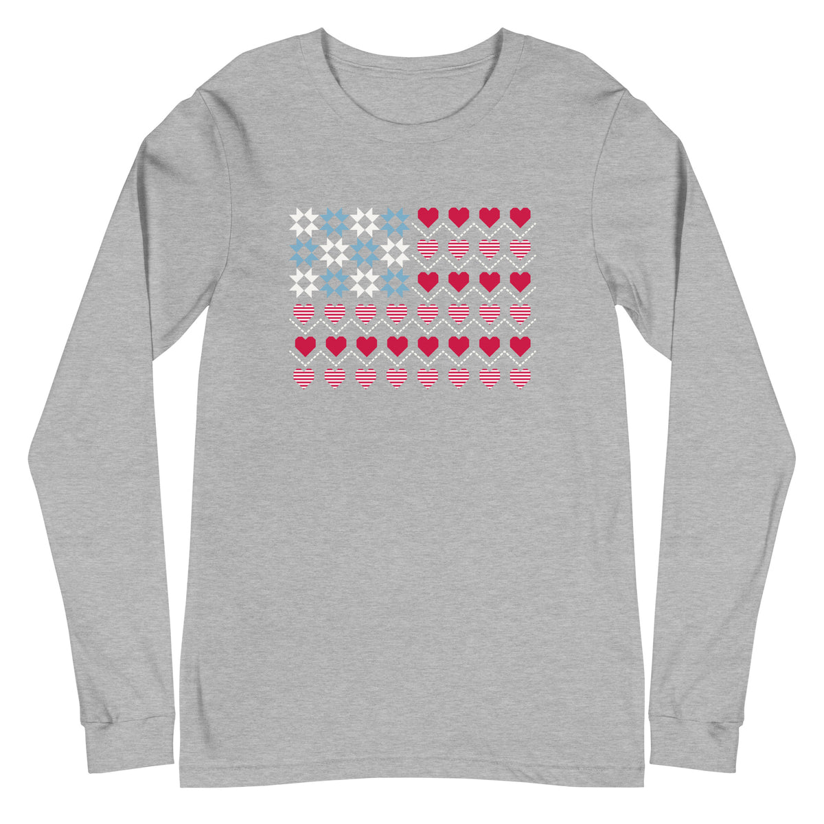 United We Quilt patchwork flag with quilt-block stars and heart stripes on a long sleeve t-shirt in athletic heather grey, front view – Kate Spain design for Pat Sloan