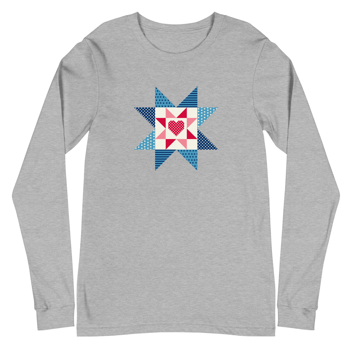 Liberty Love star quilt block with a heart in red, white and blue on a long sleeve t-shirt in athletic heather grey, front view – Kate Spain design for Pat Sloan