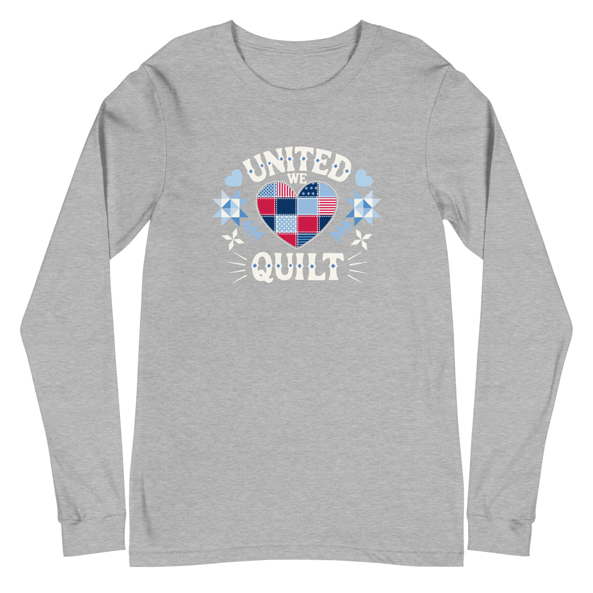 Quilters United quilt badge in red, white and blue on a long sleeve t-shirt in athletic heather grey, front view – Kate Spain design for Pat Sloan