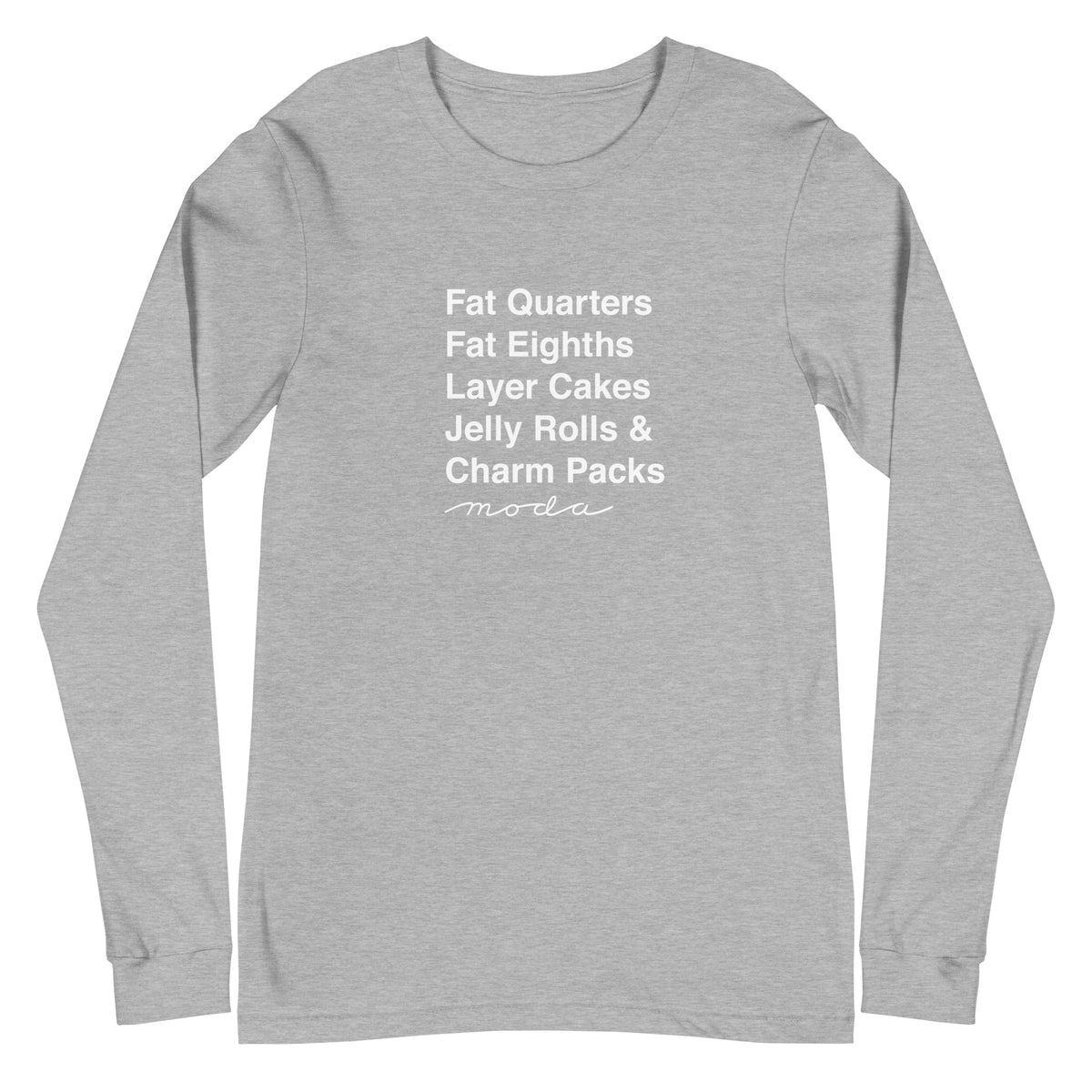 Moda precuts list in white (Fat Quarters to Charm Packs) on a unisex long-sleeve tee in athletic heather grey, front view – Kate Spain design