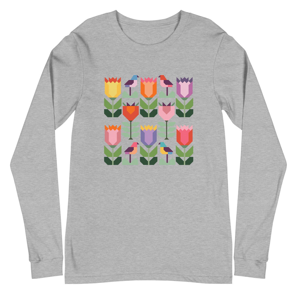 Birds + Blooms patchwork tulips and birds on a long sleeve t-shirt in athletic heather grey, front view – Kate Spain design for Pat Sloan