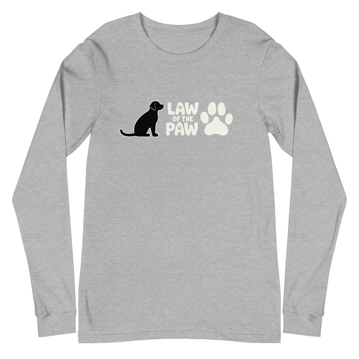 Law of the Paw® logo with seated dog and paw print on a long sleeve t-shirt in athletic heather grey, front view – Kate Spain design