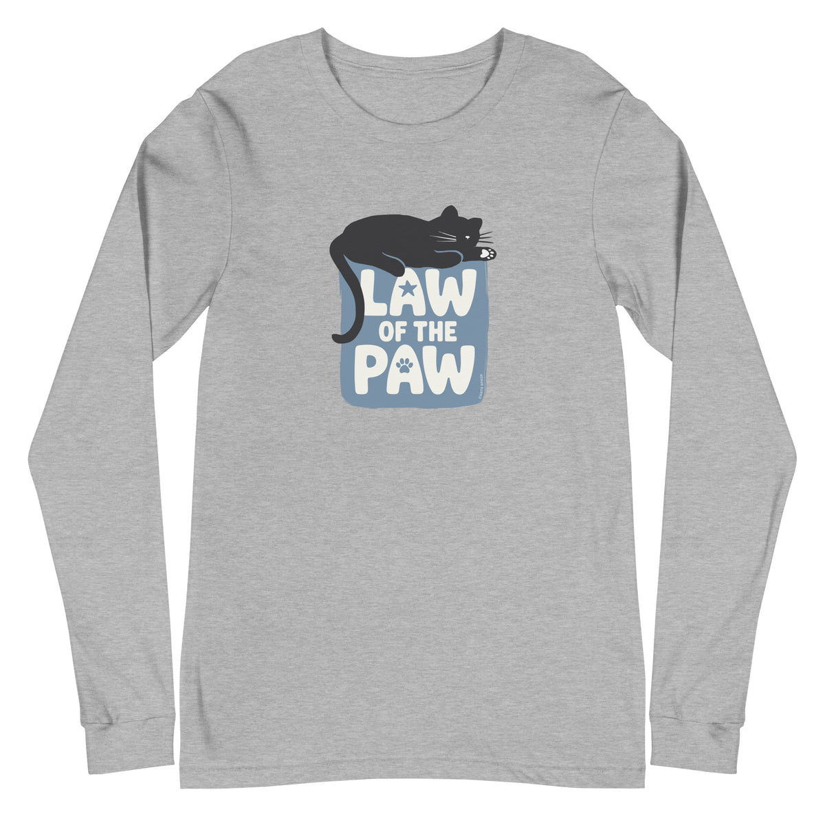 Law of the Paw® design with a cat napping on the logo on a long sleeve t-shirt in athletic heather grey, front view – Kate Spain design