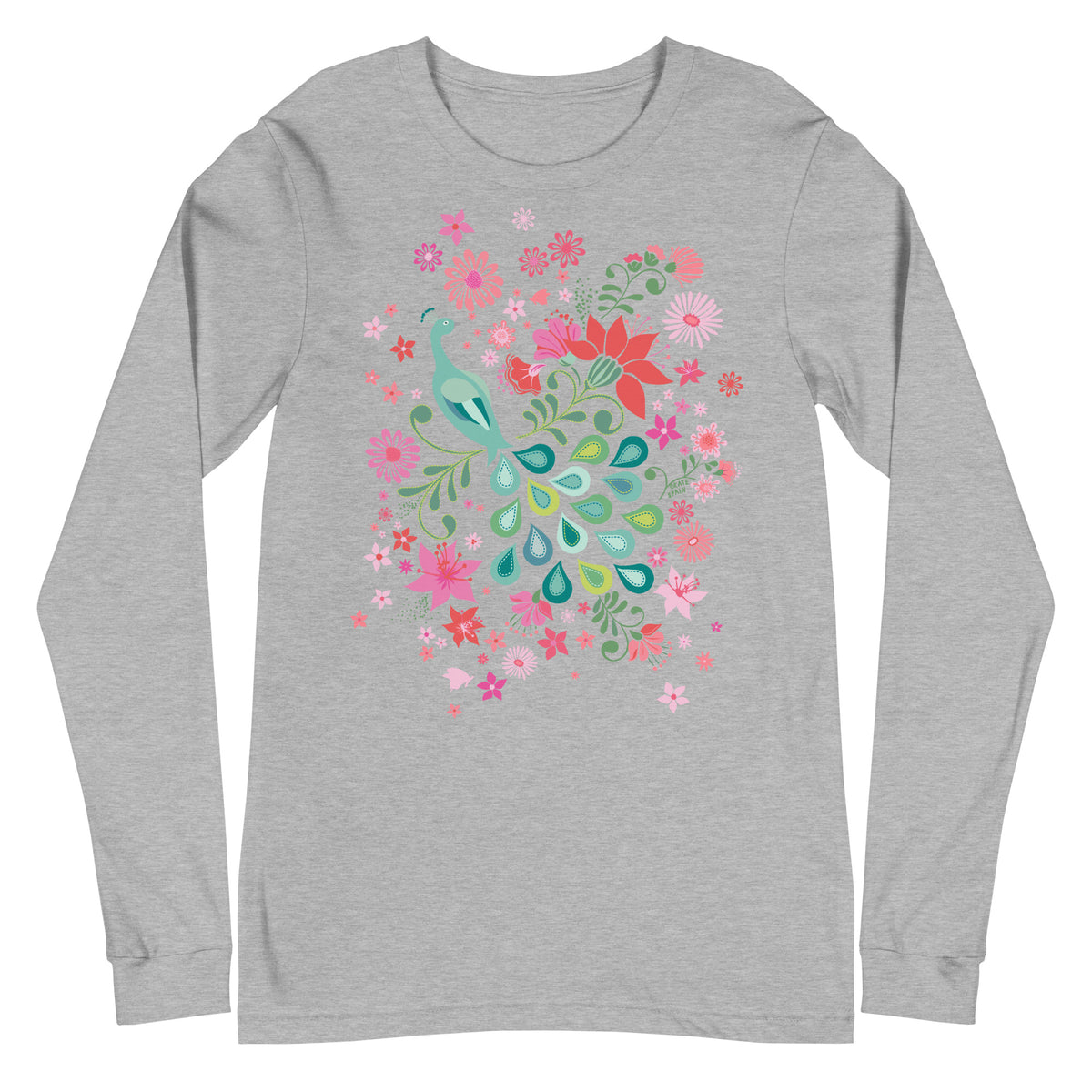 Folk-art peacock among coral, pink and sage-green blooms on a unisex long-sleeve tee in athletic heather grey, front view – Kate Spain design