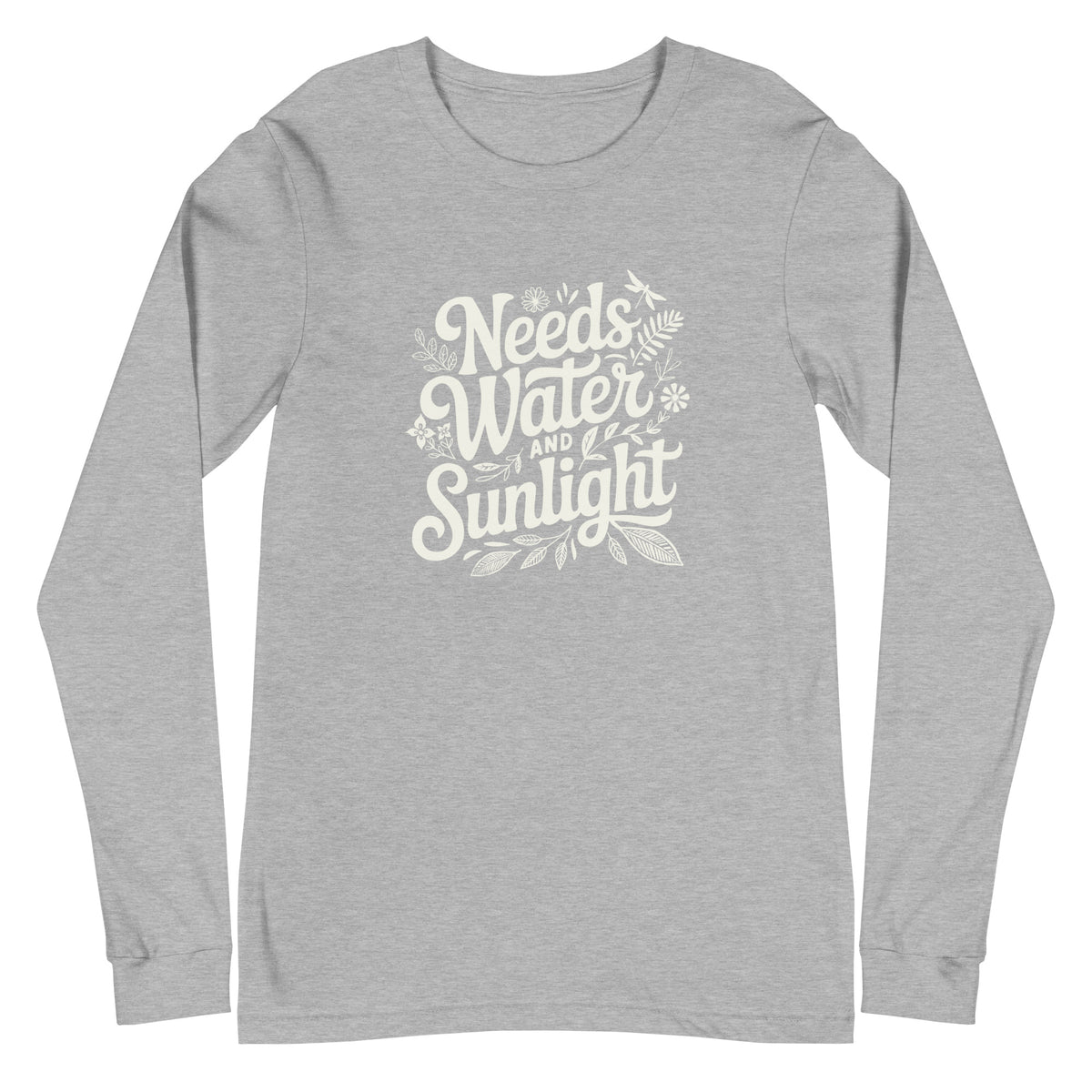 "Needs Water and Sunlight" hand-lettering with leaves and a dragonfly on a unisex long-sleeve tee in athletic heather grey, front view – Kate Spain design
