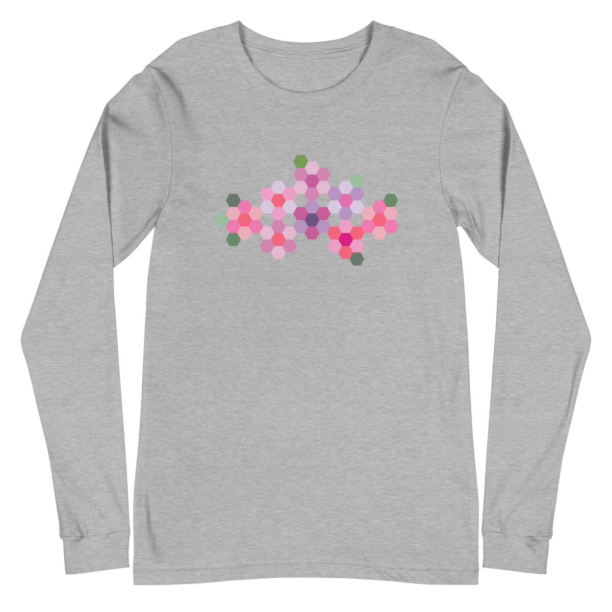 Pink GeoFlora hexagon flower cluster in pinks, lavenders and sage greens on a unisex long-sleeve tee in athletic heather grey, front view – Kate Spain design for Pat Sloan
