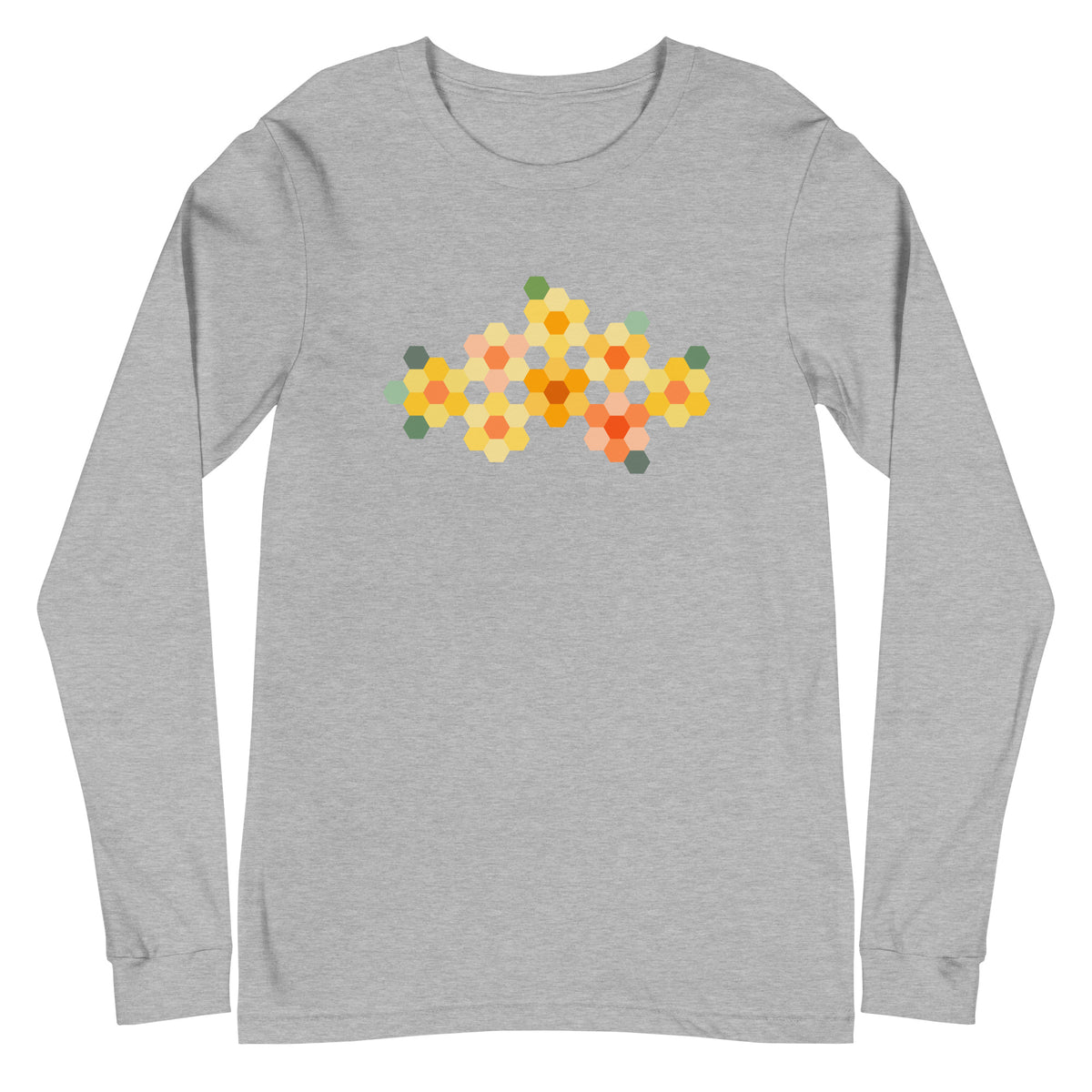Yellow GeoFlora hexagon flower cluster in yellows, peach and greens on a unisex long-sleeve tee in athletic heather grey, front view – Kate Spain design for Pat Sloan