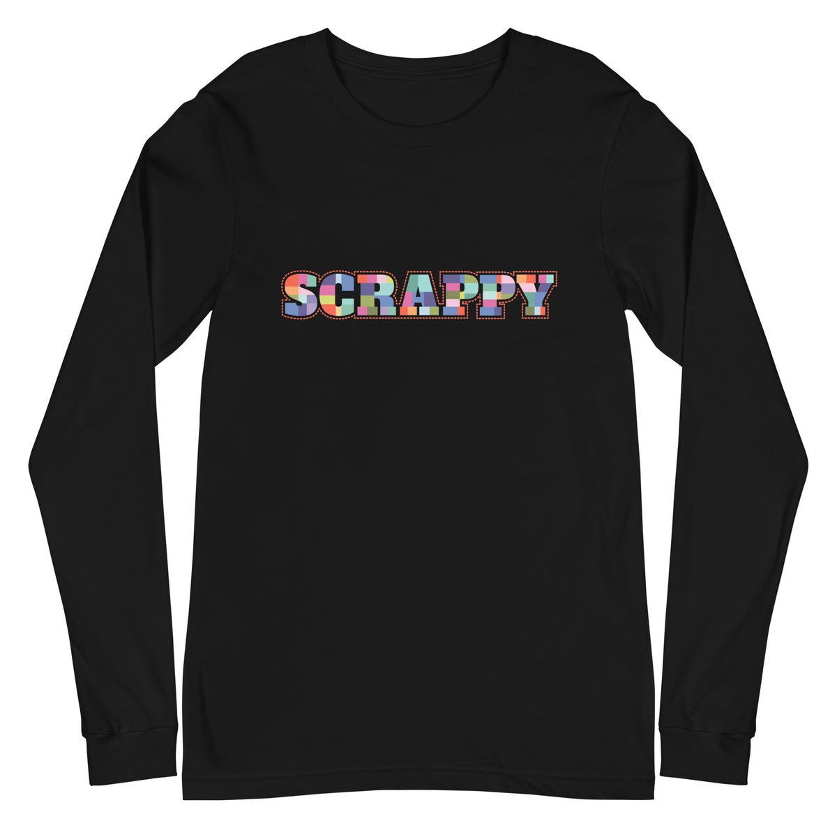 SCRAPPY in multicolor patchwork-square letters on a unisex long-sleeve tee in black, front view – Kate Spain design