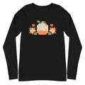 Falling for Fall patchwork pumpkin with quilt-block stars and hearts on a long sleeve t-shirt in black, front view – Kate Spain design for Pat Sloan