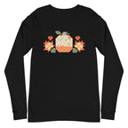 Falling for Fall patchwork pumpkin with quilt-block stars and hearts on a long sleeve t-shirt in black, front view – Kate Spain design for Pat Sloan