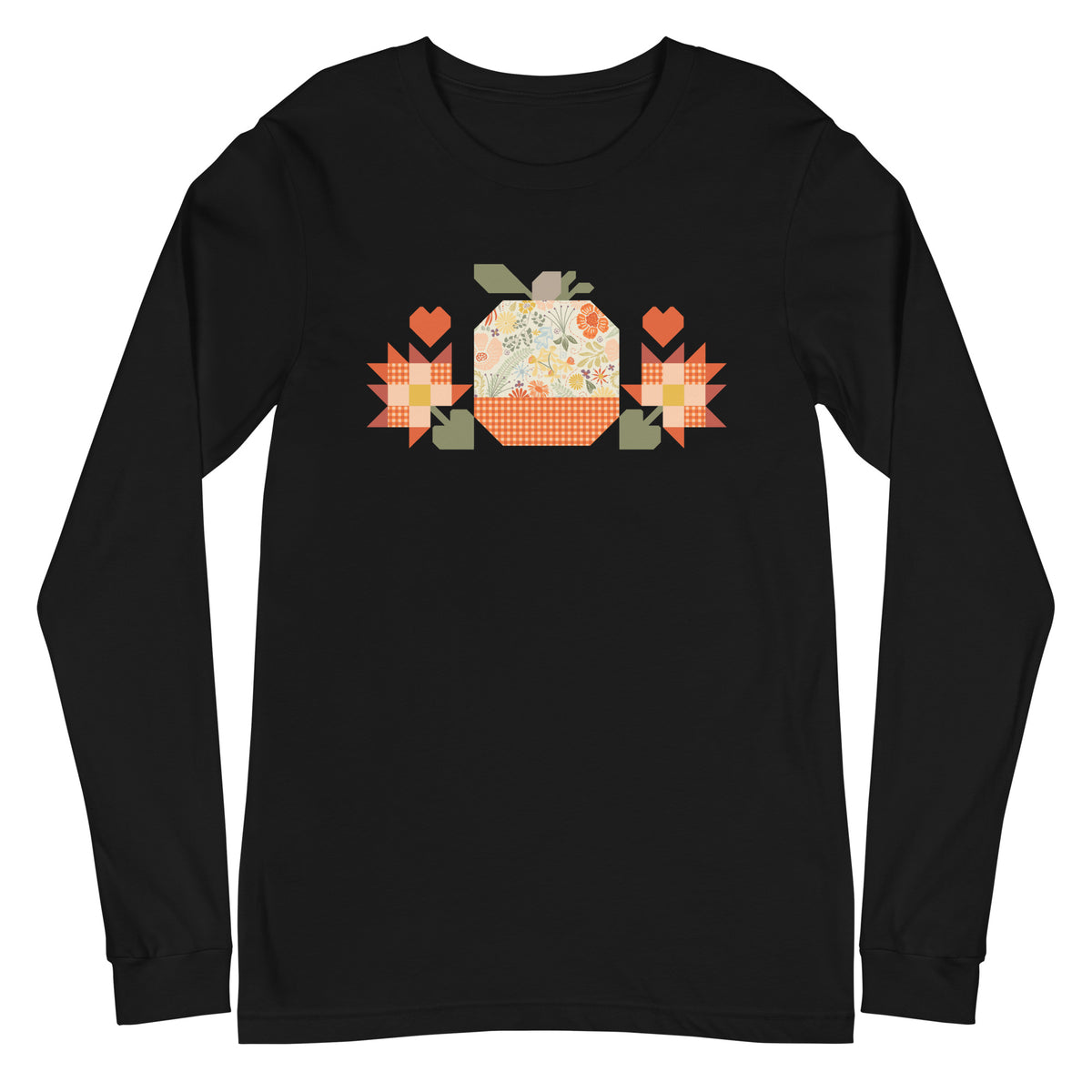 Falling for Fall patchwork pumpkin with quilt-block stars and hearts on a long sleeve t-shirt in black, front view – Kate Spain design for Pat Sloan