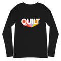 Moda QUILT logo in white letters with orange, pink, blue and yellow rays on a unisex long-sleeve tee in black, front view – Kate Spain design