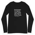 Moda precuts list in white (Fat Quarters to Charm Packs) on a unisex long-sleeve tee in black, front view – Kate Spain design