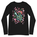 Folk-art peacock among coral, pink and sage-green blooms on a unisex long-sleeve tee in black, front view – Kate Spain design