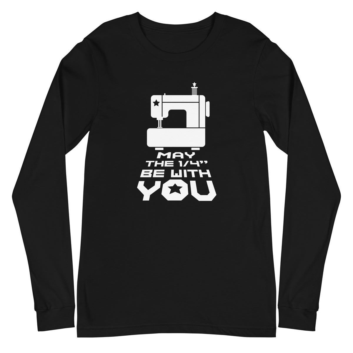 May the ¼" Be With You white sewing machine graphic on a unisex long-sleeve tee in black, front view – Kate Spain design for Pat Sloan