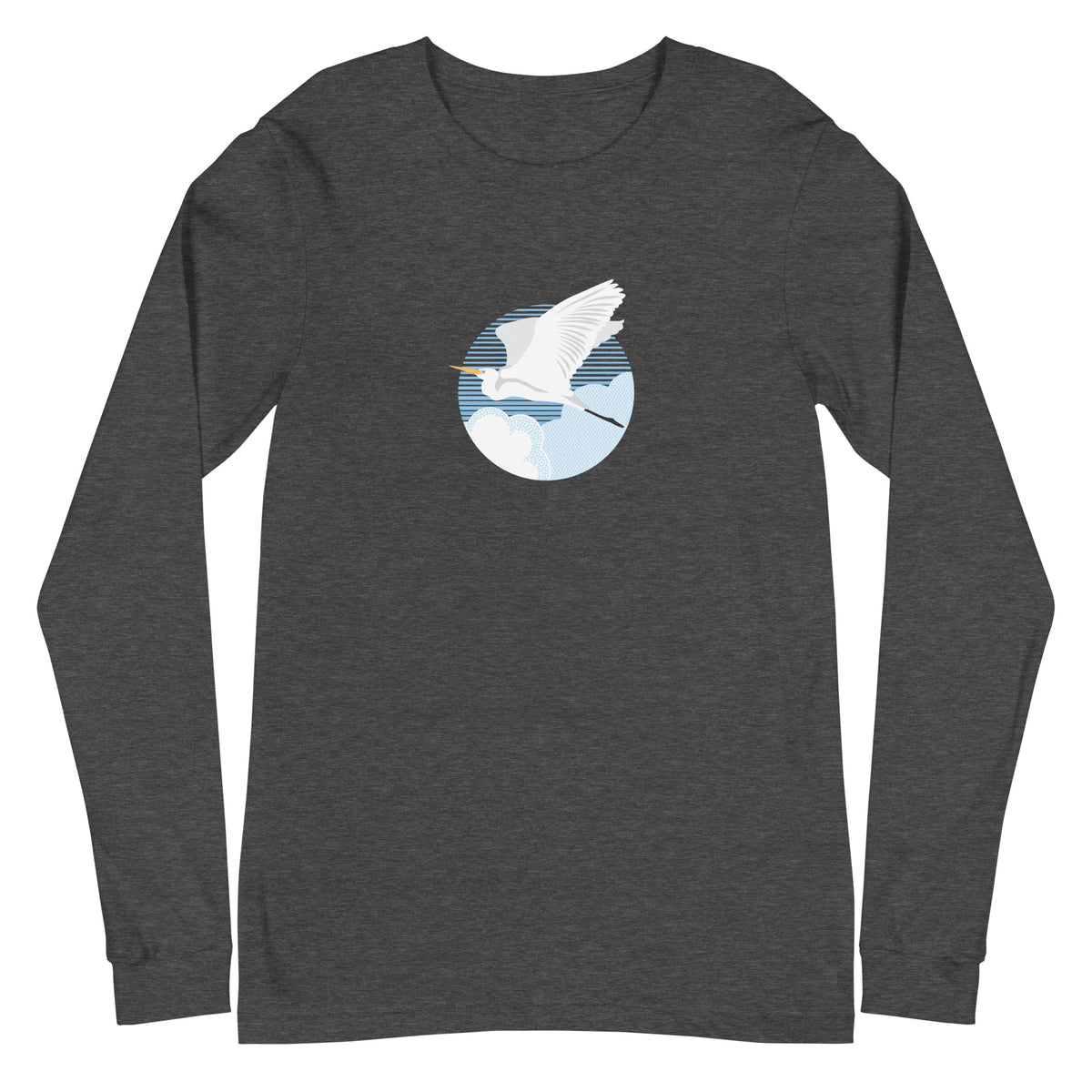 Great egret in flight against a blue circle on a long sleeve t-shirt in dark grey heather, front view – Kate Spain design