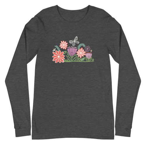 Bloom woodblock-style flowers with a butterfly, ladybug and bee on a long sleeve t-shirt in dark grey heather, front view – Kate Spain design