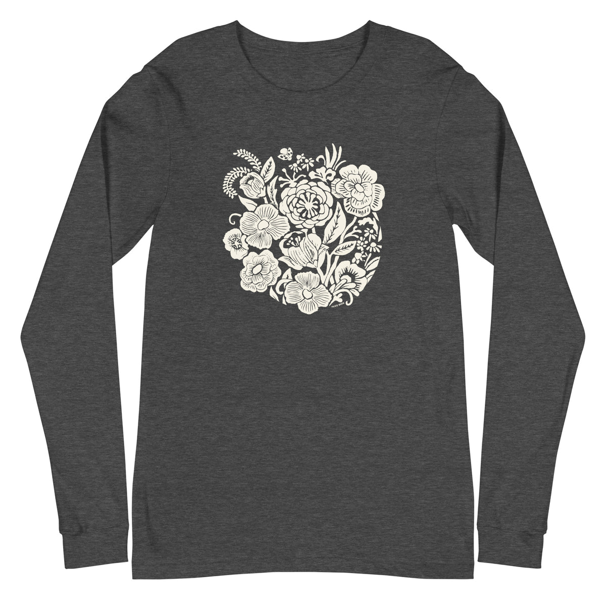 Meadowsweet woodblock-style bouquet of wildflowers on a long sleeve t-shirt in dark grey heather, front view – Kate Spain design