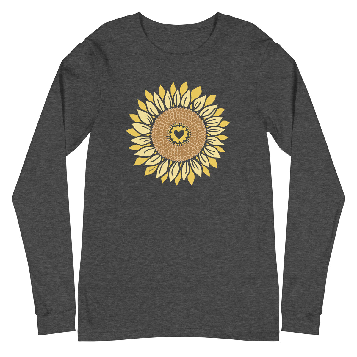 Golden sunflower with a heart center on a long sleeve t-shirt in dark grey heather, front view – Sunflowers in My Heart by Kate Spain