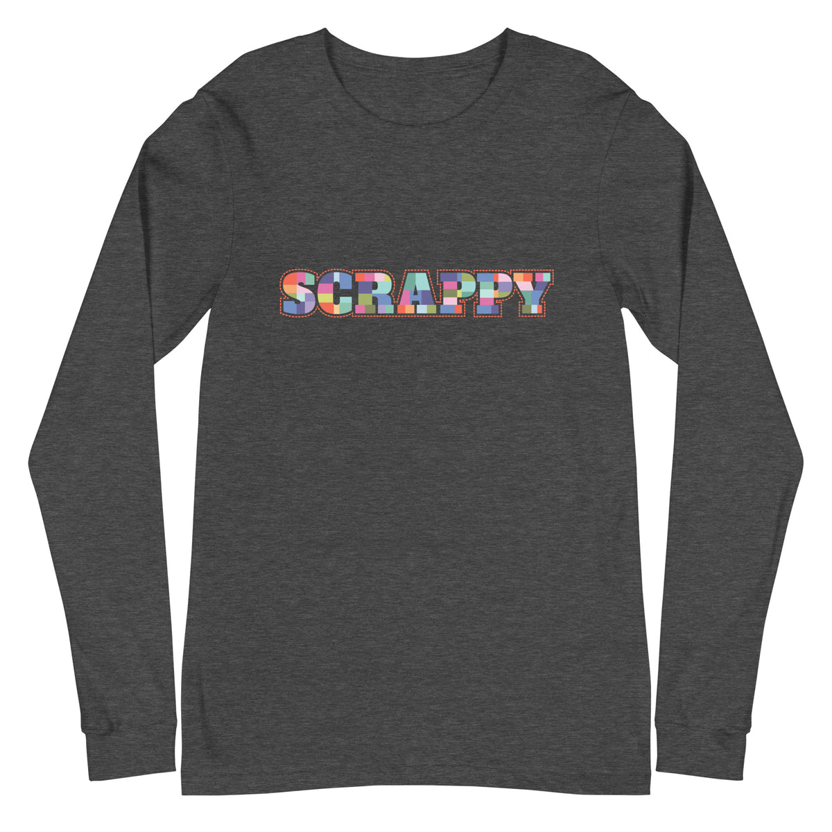 SCRAPPY in multicolor patchwork-square letters on a unisex long-sleeve tee in dark grey heather, front view – Kate Spain design