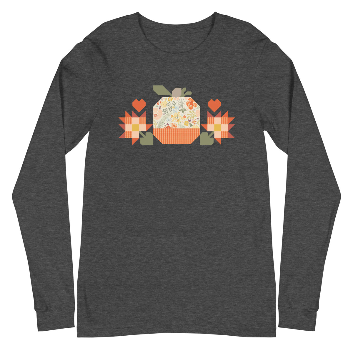 Falling for Fall patchwork pumpkin with quilt-block stars and hearts on a long sleeve t-shirt in dark grey heather, front view – Kate Spain design for Pat Sloan