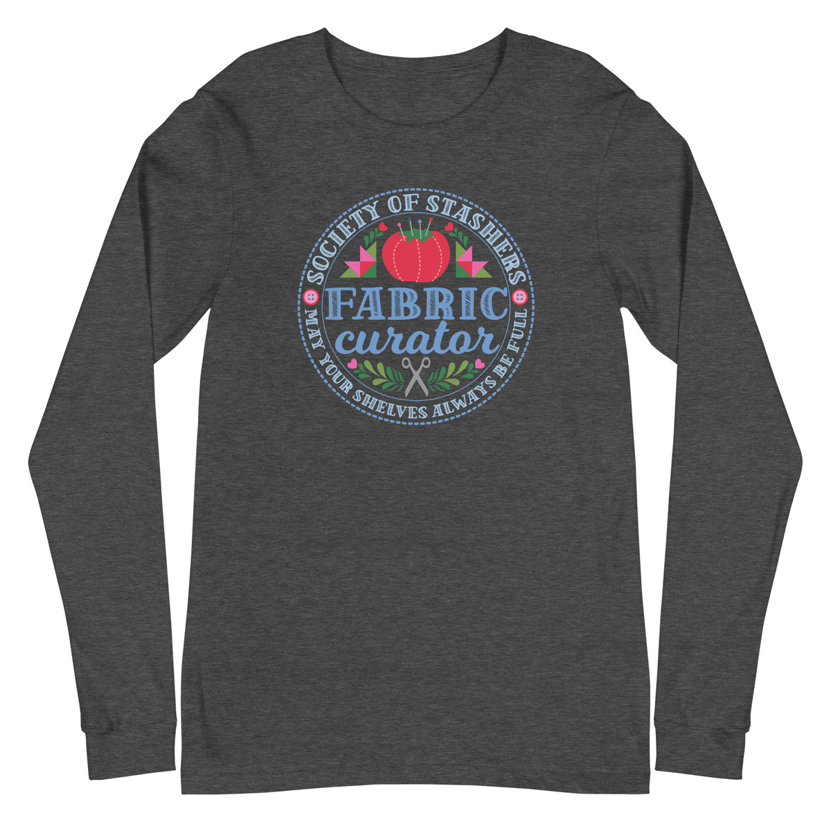 Fabric Curator Society of Stashers badge with a tomato pincushion on a long sleeve t-shirt in dark grey heather, front view – Kate Spain design for Pat Sloan