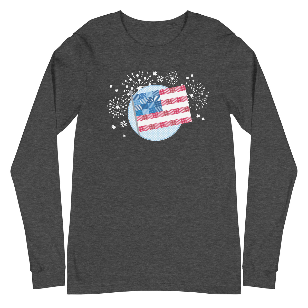 patchwork American flag in quilt fabrics on a long sleeve t-shirt in dark grey heather, front view – Kate Spain design for Pat Sloan