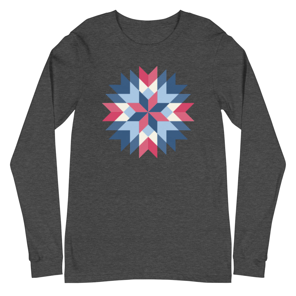 Barn Star quilt block in red, white and blue on a long sleeve t-shirt in dark grey heather, front view – Kate Spain design for Pat Sloan