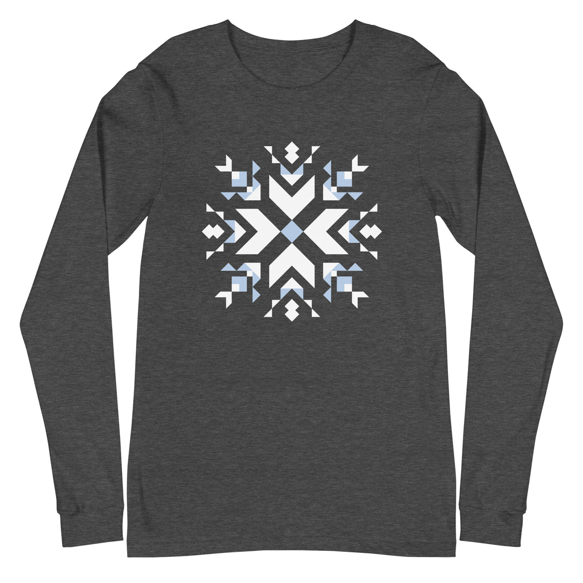 Let It Snow snowflake quilt block on a long sleeve t-shirt in dark grey heather, front view – Kate Spain design for Pat Sloan