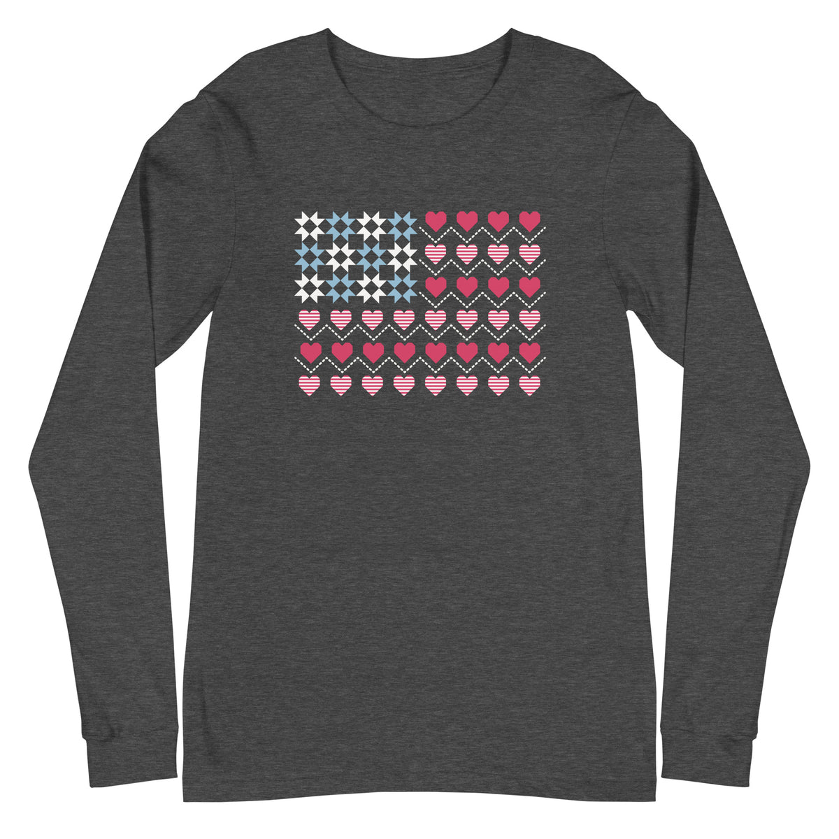 United We Quilt patchwork flag with quilt-block stars and heart stripes on a long sleeve t-shirt in dark grey heather, front view – Kate Spain design for Pat Sloan