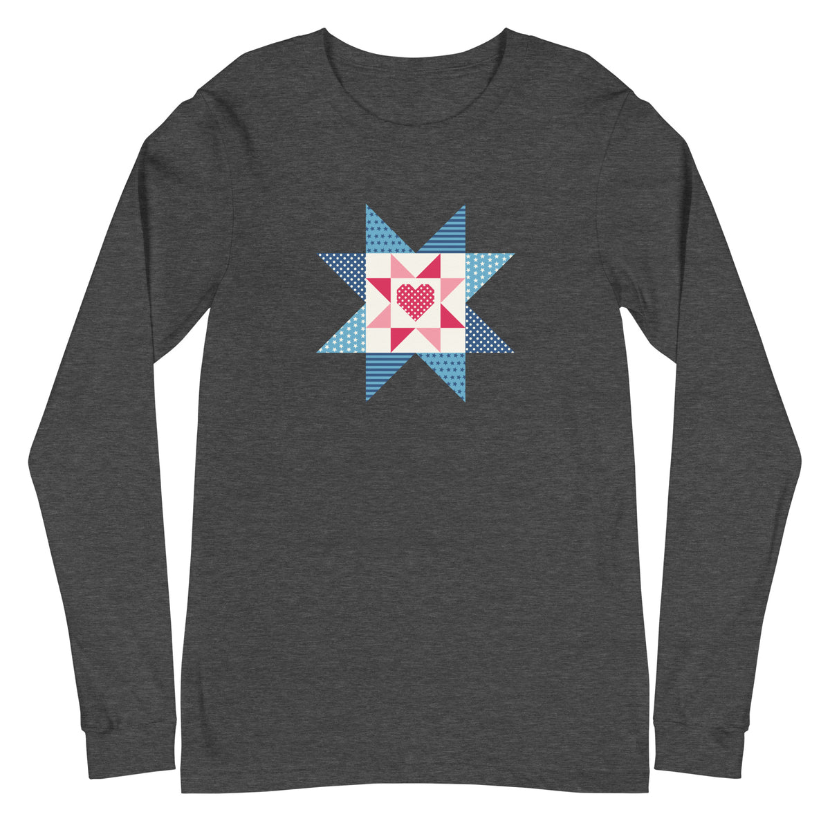 Liberty Love star quilt block with a heart in red, white and blue on a long sleeve t-shirt in dark grey heather, front view – Kate Spain design for Pat Sloan