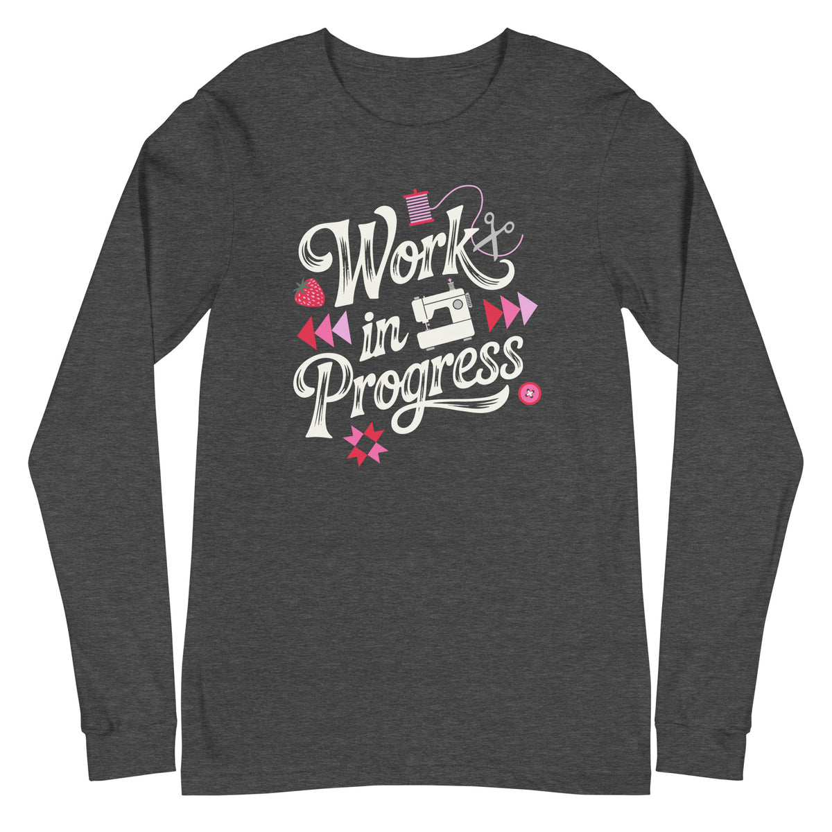 Work in Progress sewing design with flying geese, sewing machine, strawberry and thread spool on a long sleeve t-shirt in dark grey heather, front view – Kate Spain design for Pat Sloan