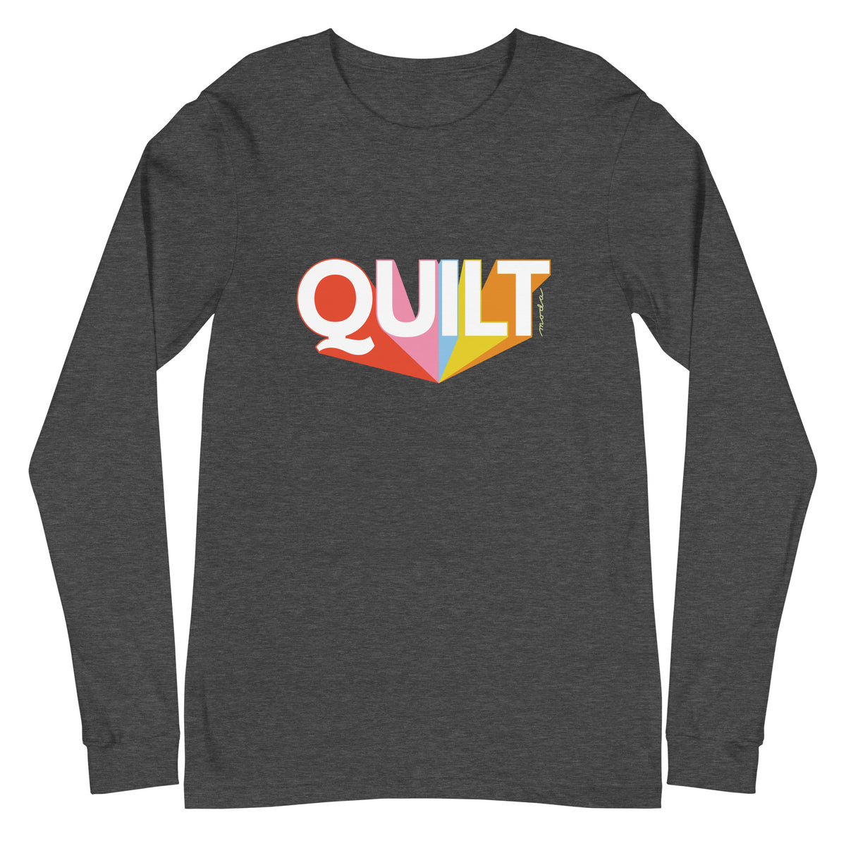 Moda QUILT logo in white letters with orange, pink, blue and yellow rays on a unisex long-sleeve tee in dark grey heather, front view – Kate Spain design