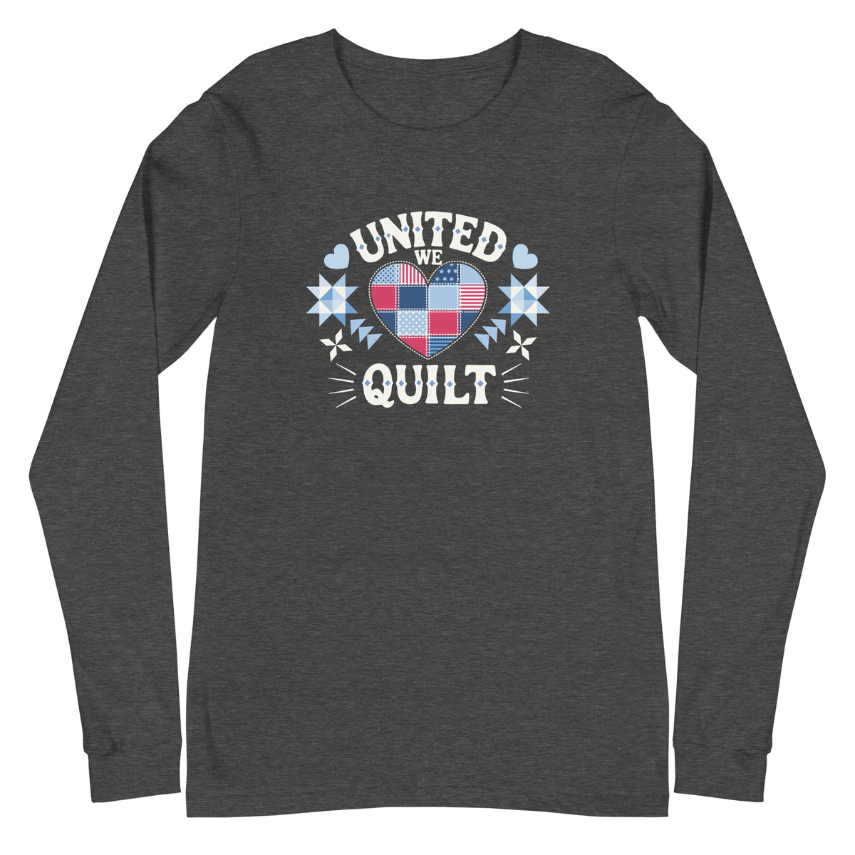 Quilters United quilt badge in red, white and blue on a long sleeve t-shirt in dark grey heather, front view – Kate Spain design for Pat Sloan