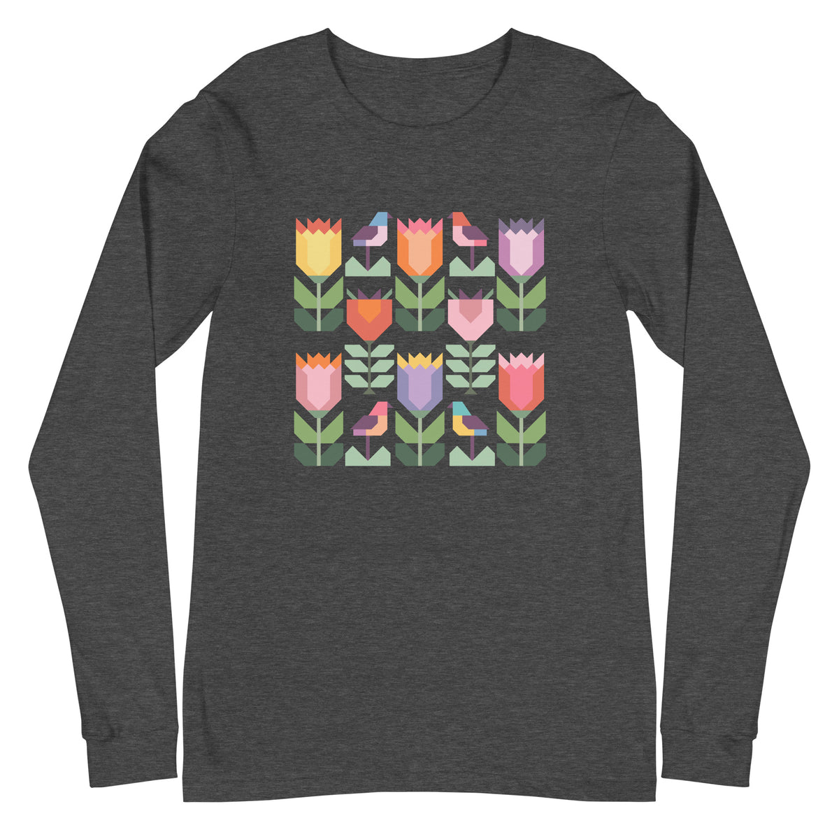 Birds + Blooms patchwork tulips and birds on a long sleeve t-shirt in dark grey heather, front view – Kate Spain design for Pat Sloan
