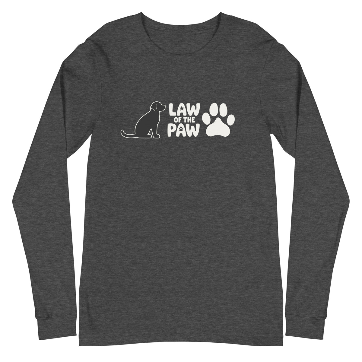 Law of the Paw® logo with seated dog and paw print on a long sleeve t-shirt in dark grey heather, front view – Kate Spain design