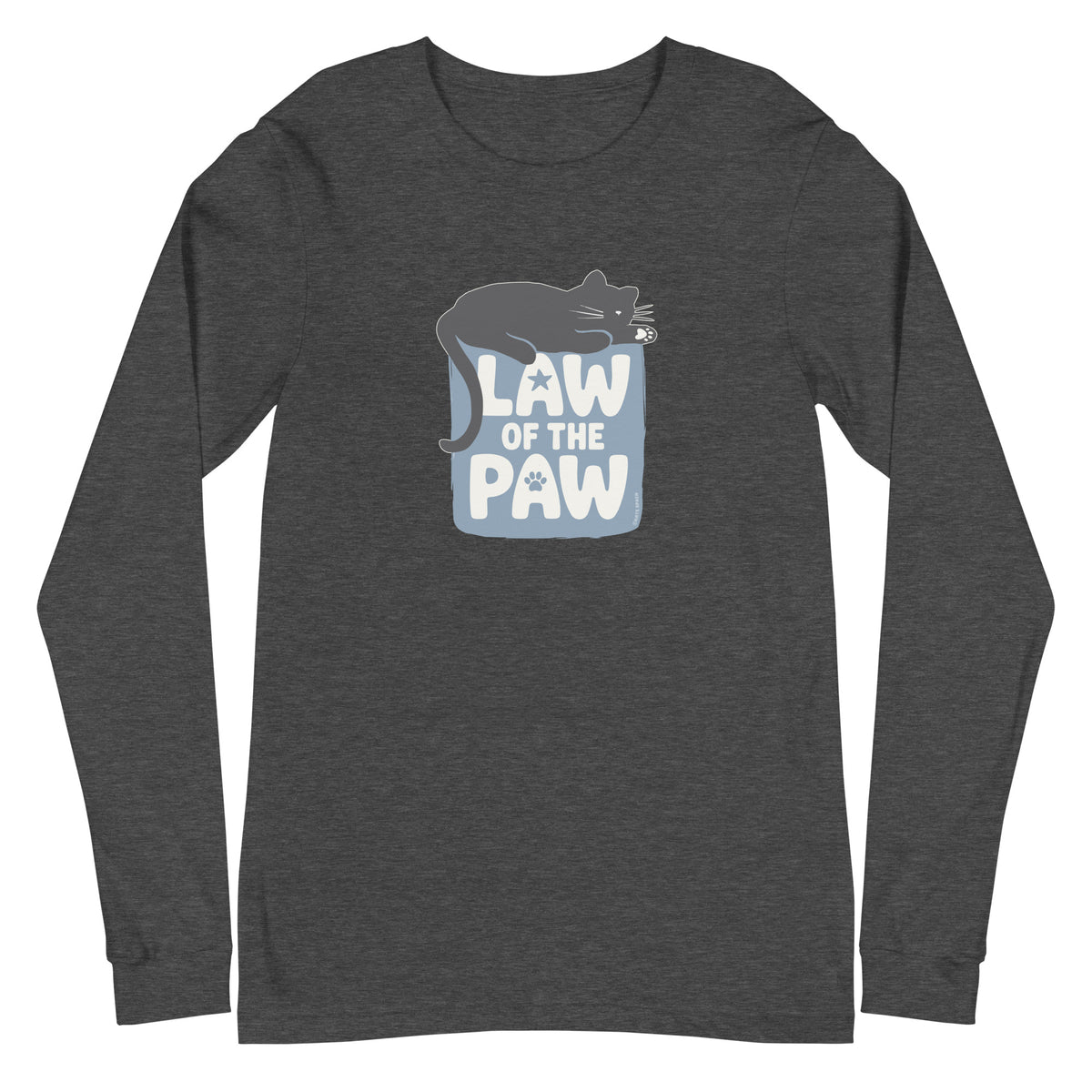 Law of the Paw® design with a cat napping on the logo on a long sleeve t-shirt in dark grey heather, front view – Kate Spain design