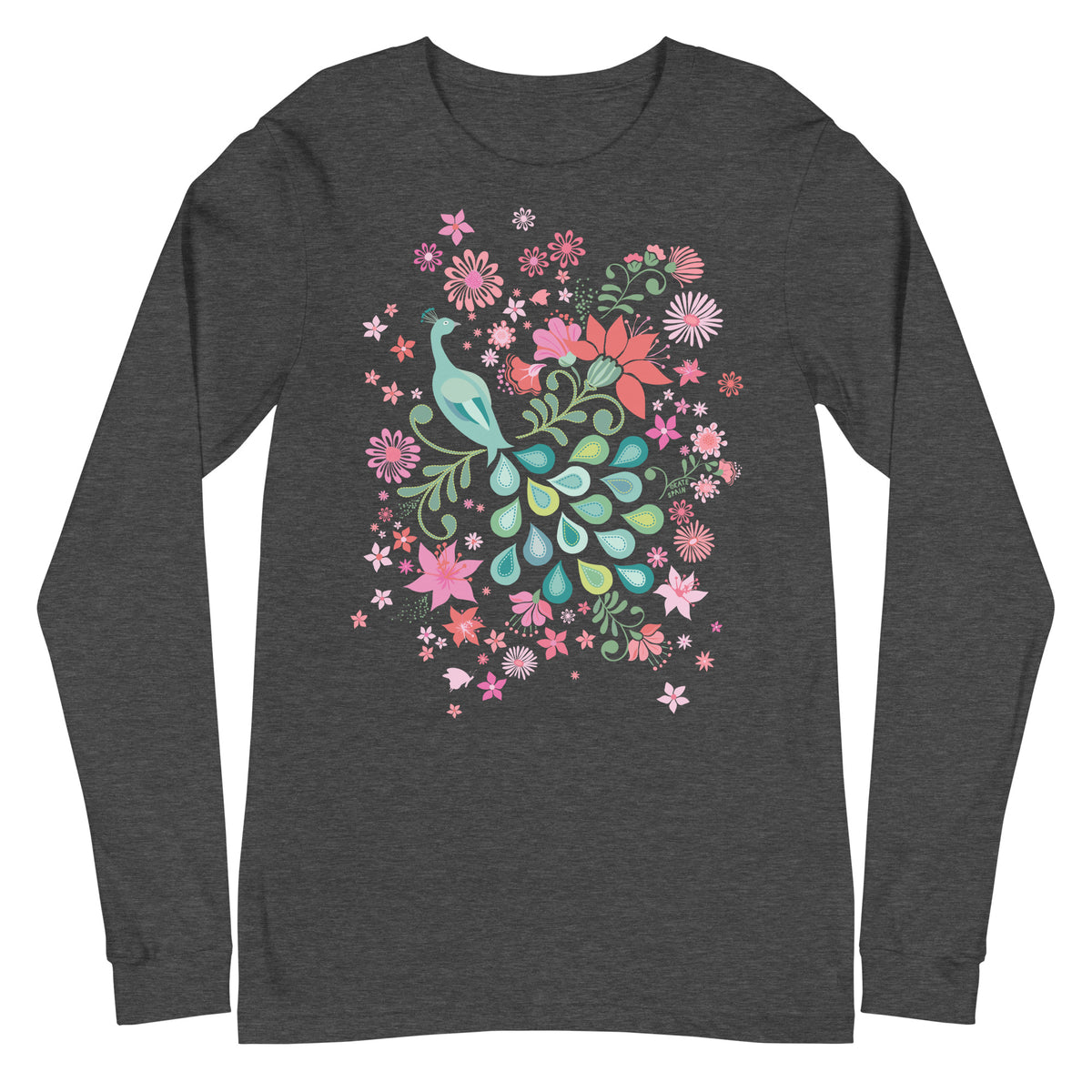 Folk-art peacock among coral, pink and sage-green blooms on a unisex long-sleeve tee in dark grey heather, front view – Kate Spain design