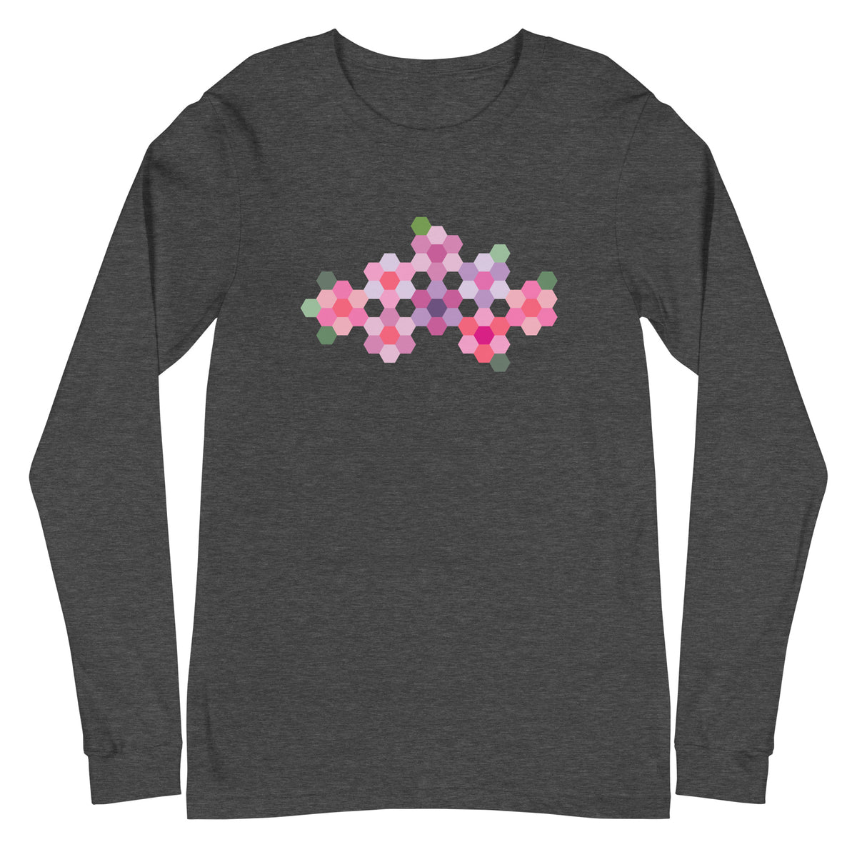 Pink GeoFlora hexagon flower cluster in pinks, lavenders and sage greens on a unisex long-sleeve tee in dark grey heather, front view – Kate Spain design for Pat Sloan