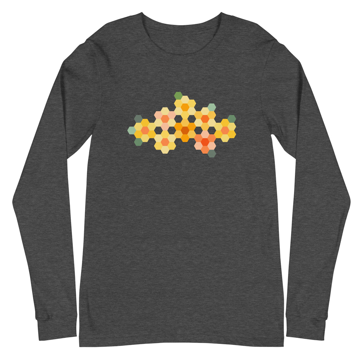 Yellow GeoFlora hexagon flower cluster in yellows, peach and greens on a unisex long-sleeve tee in dark grey heather, front view – Kate Spain design for Pat Sloan