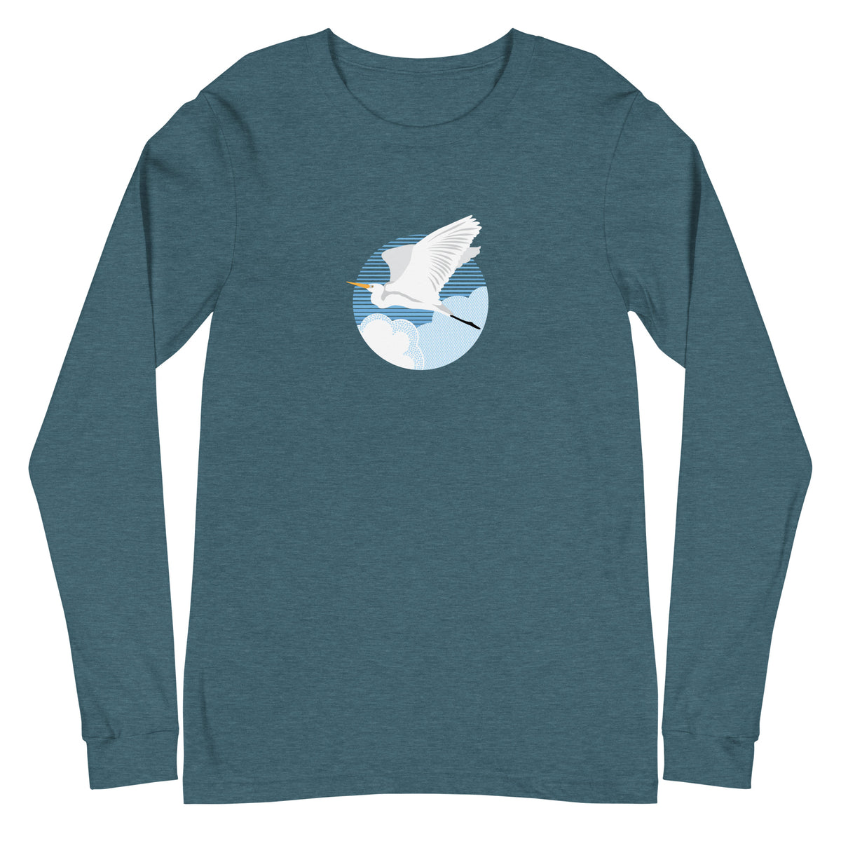 Great egret in flight against a blue circle on a long sleeve t-shirt in heather deep teal, front view – Kate Spain design