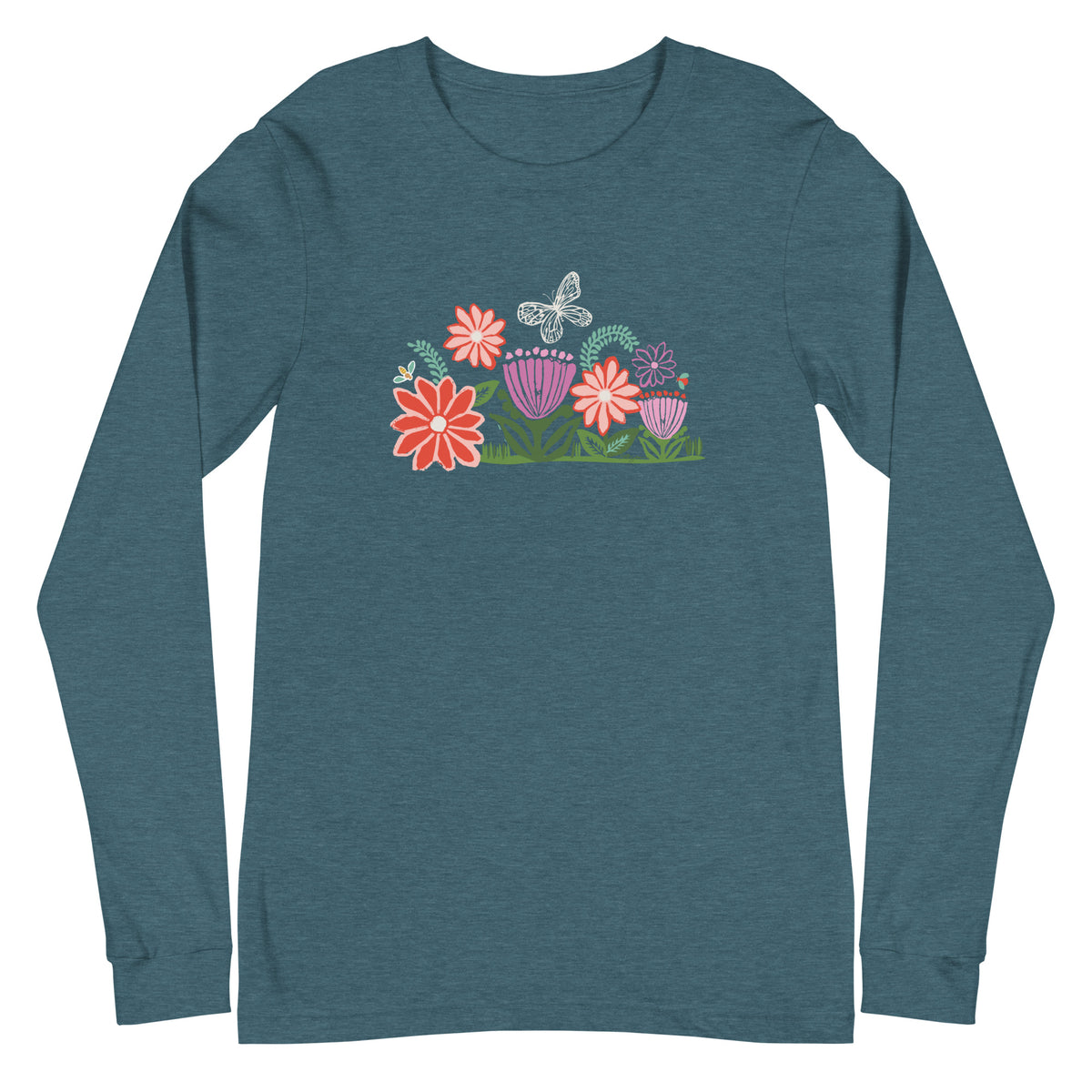 Bloom woodblock-style flowers with a butterfly, ladybug and bee on a long sleeve t-shirt in heather deep teal, front view – Kate Spain design